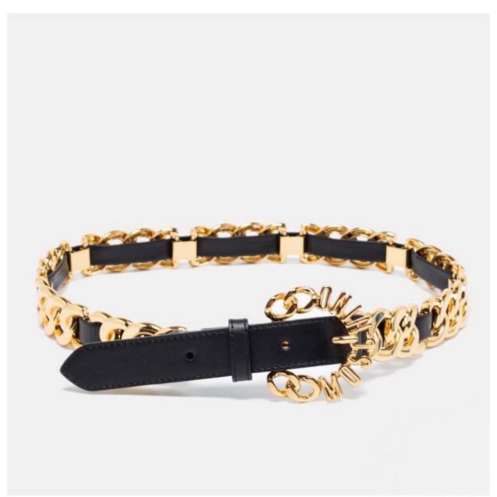 Moschino For H&m Black Leather Logo Buckle Chain Belt